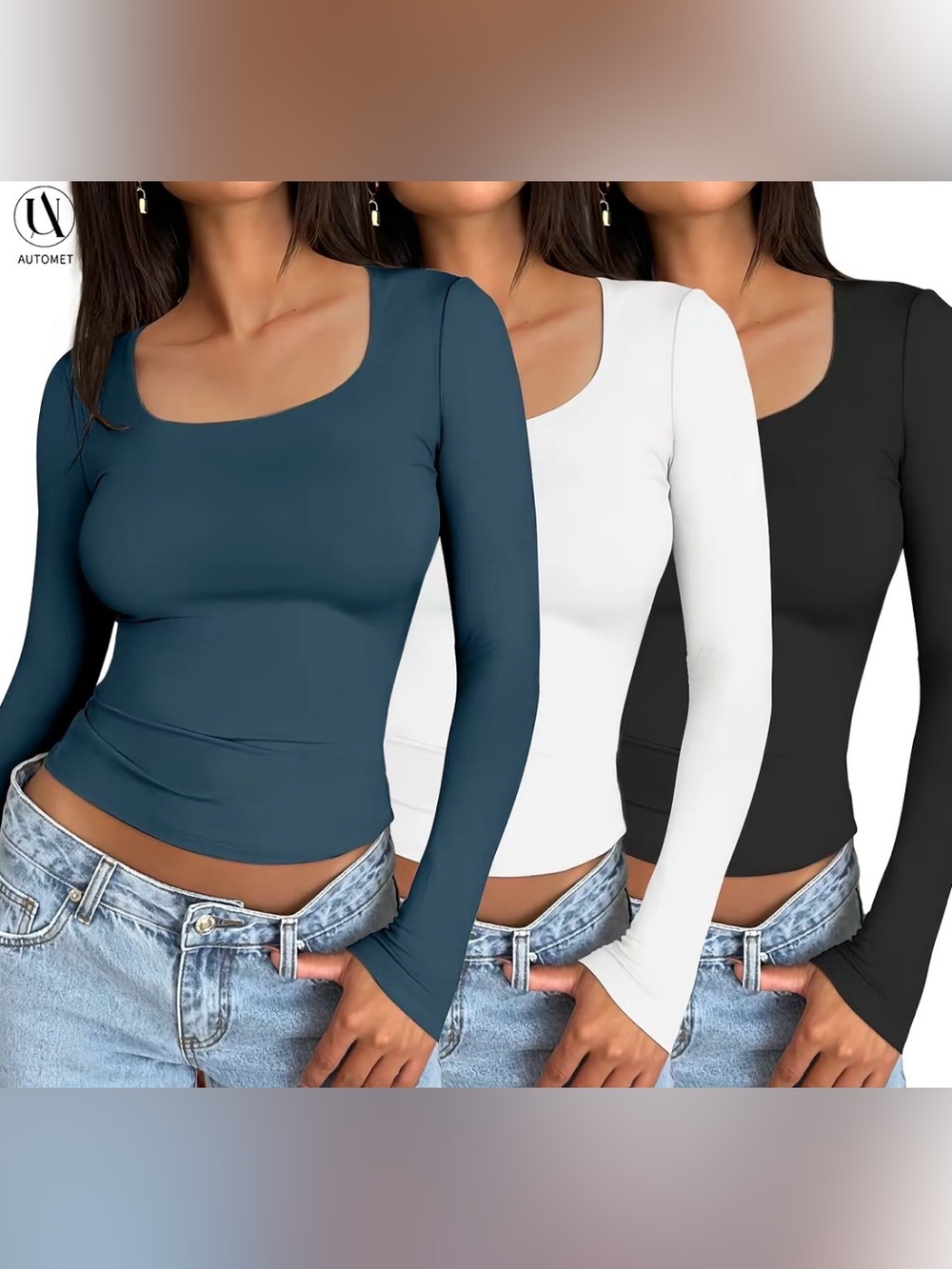 White Square Neck, Long Sleeve, Slim Fit Top